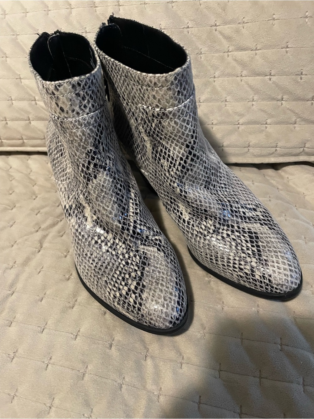 Anne Klein Gray Snake-Print Pointed Toe Ankle Boots